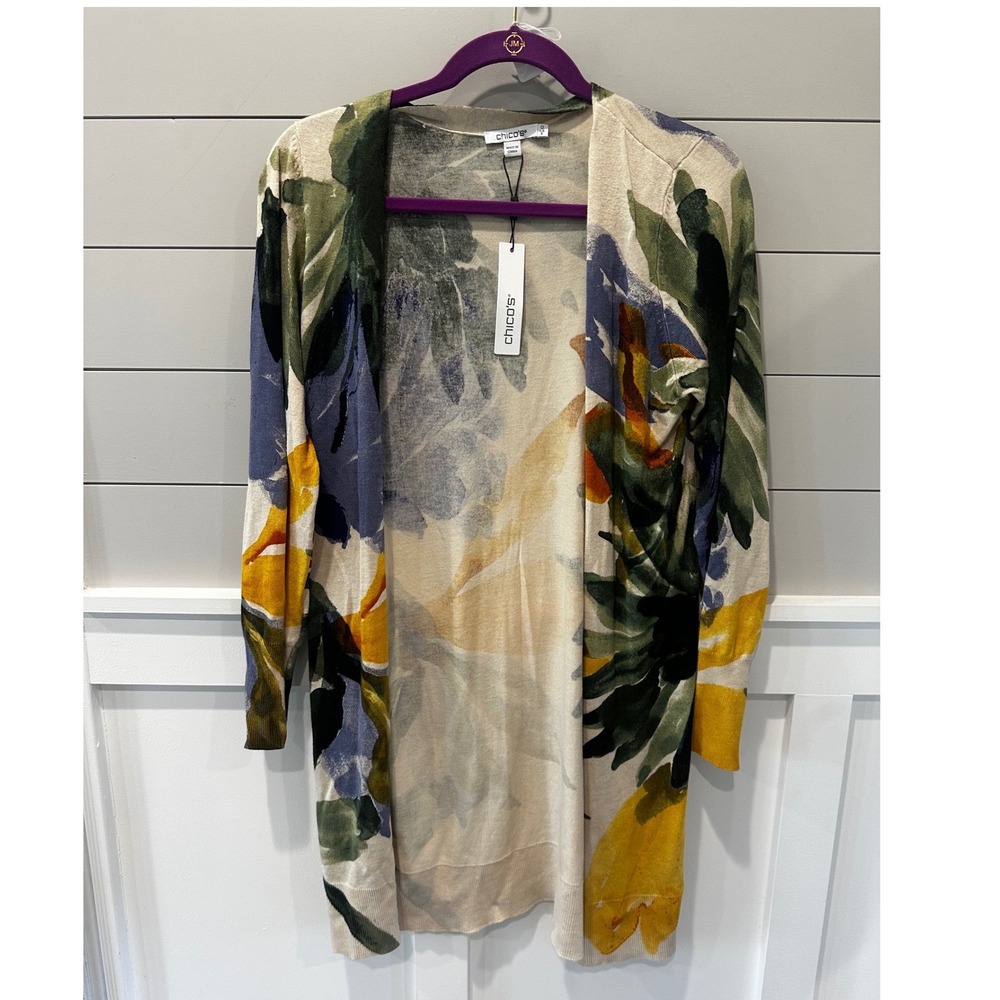 Chicos Fall Garden SR Cardi Duster Floral Open Front Sweater Dark Harbor Size 0